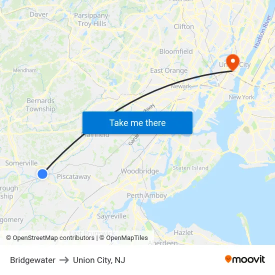 Bridgewater to Union City, NJ map
