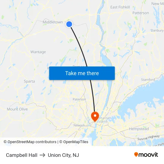 Campbell Hall to Union City, NJ map