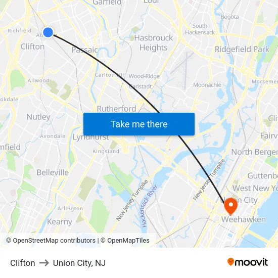Clifton to Union City, NJ map