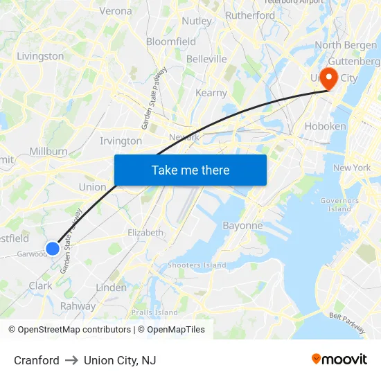 Cranford to Union City, NJ map