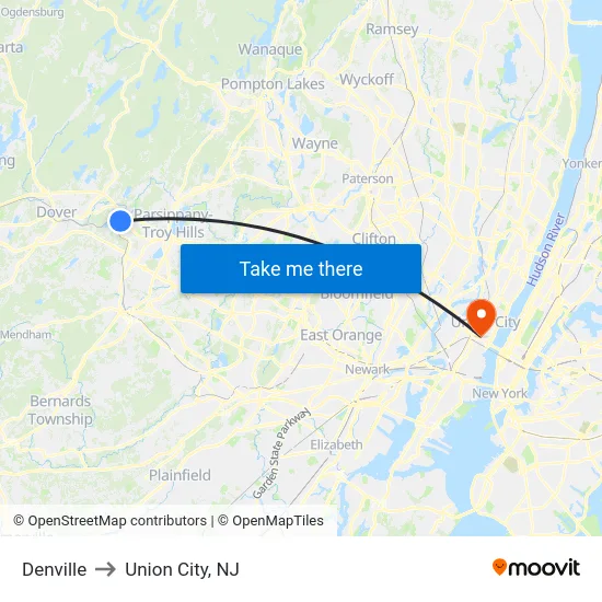 Denville to Union City, NJ map