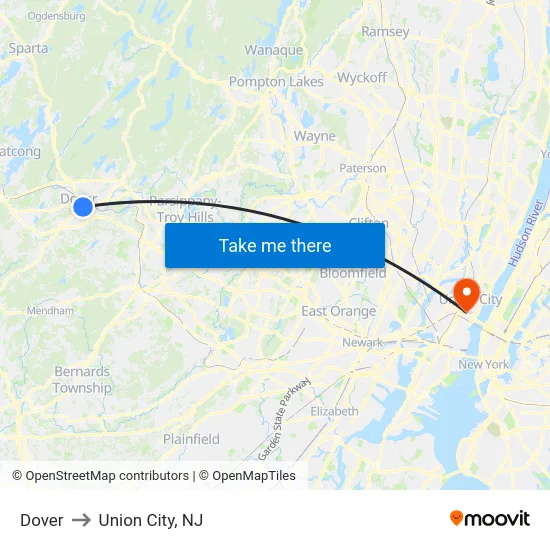 Dover to Union City, NJ map
