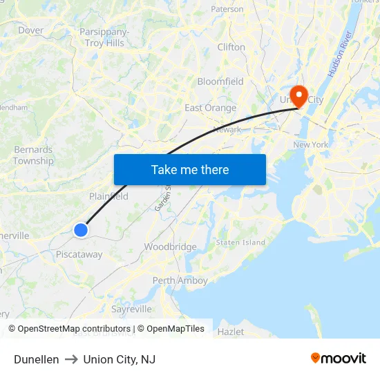 Dunellen to Union City, NJ map