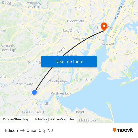 Edison to Union City, NJ map
