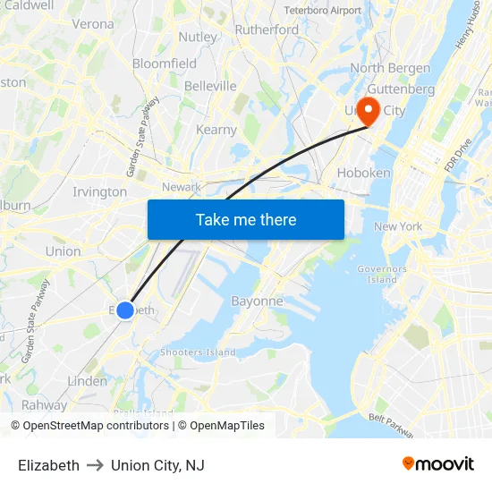 Elizabeth to Union City, NJ map