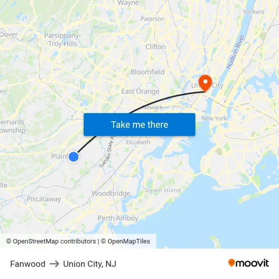 Fanwood to Union City, NJ map