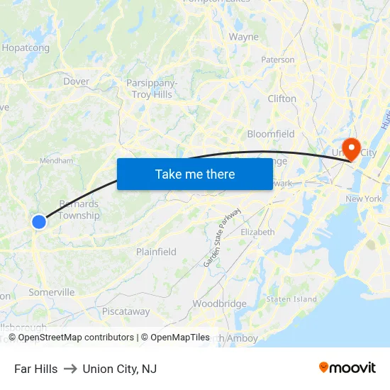 Far Hills to Union City, NJ map