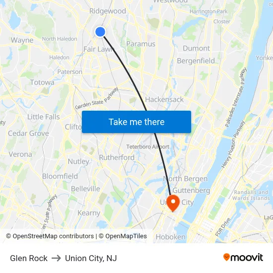 Glen Rock to Union City, NJ map