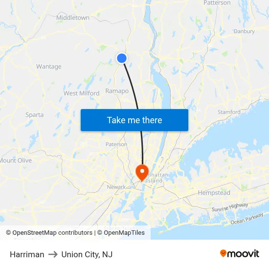Harriman to Union City, NJ map