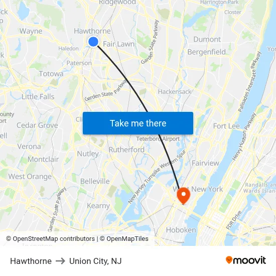Hawthorne to Union City, NJ map