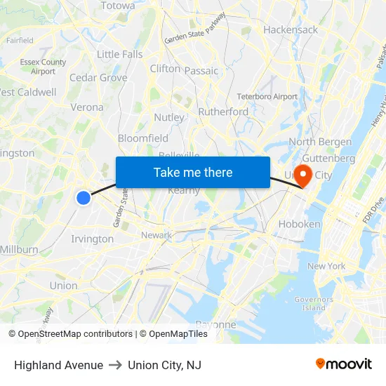 Highland Avenue to Union City, NJ map
