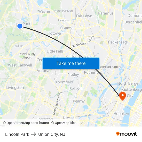 Lincoln Park to Union City, NJ map
