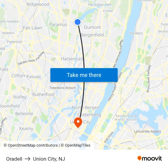 Oradell to Union City, NJ map