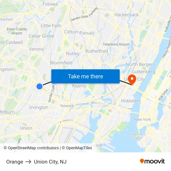 Orange to Union City, NJ map