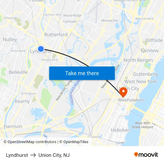 Lyndhurst to Union City, NJ map
