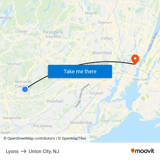Lyons to Union City, NJ map