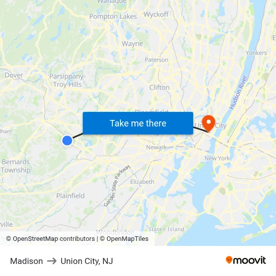 Madison to Union City, NJ map