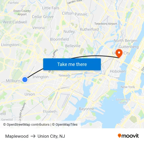 Maplewood to Union City, NJ map