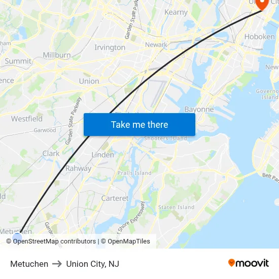 Metuchen to Union City, NJ map