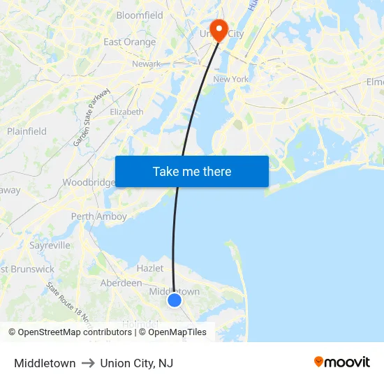 Middletown to Union City, NJ map