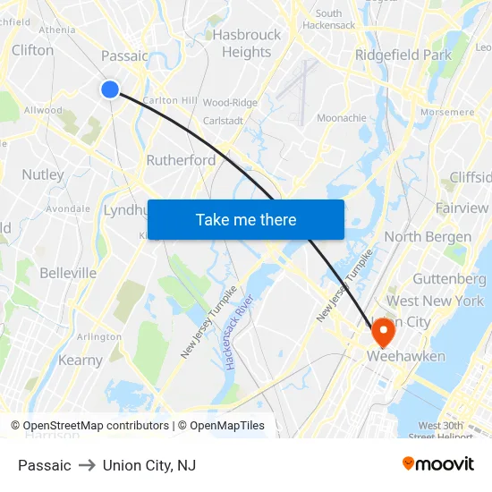 Passaic to Union City, NJ map