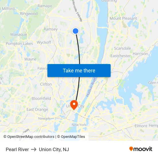 Pearl River to Union City, NJ map