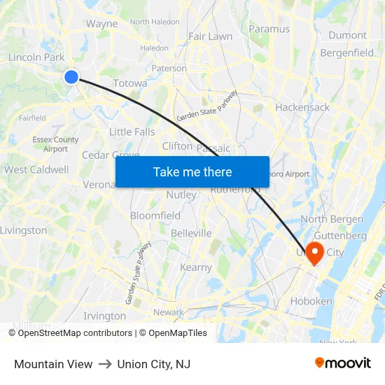 Mountain View to Union City, NJ map