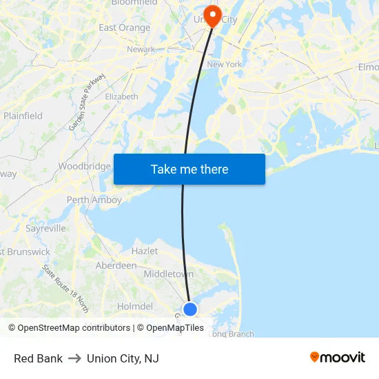 Red Bank to Union City, NJ map