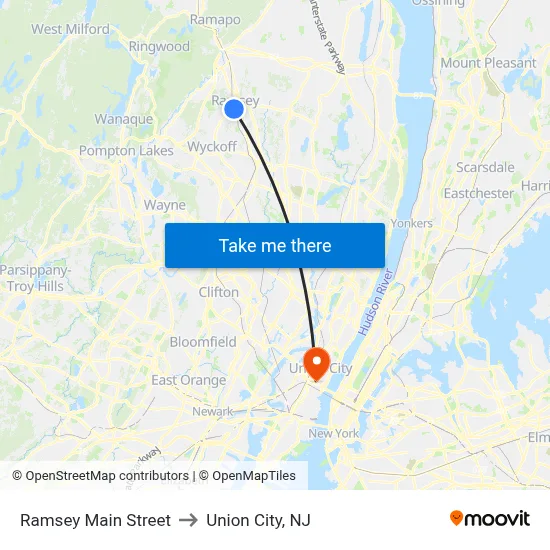 Ramsey Main Street to Union City, NJ map