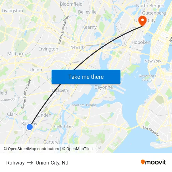 Rahway to Union City, NJ map