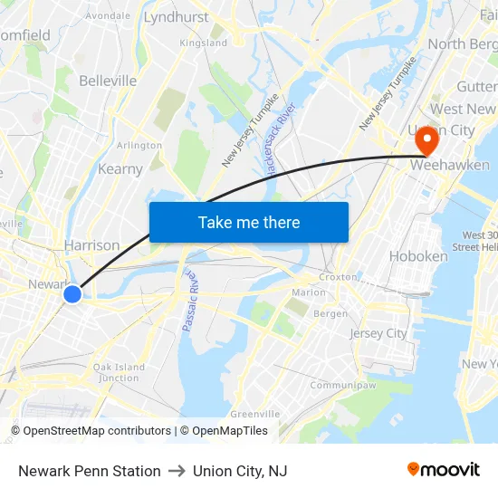 Newark Penn Station to Union City, NJ map