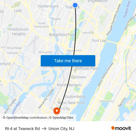 Rt-4 at Teaneck Rd to Union City, NJ map