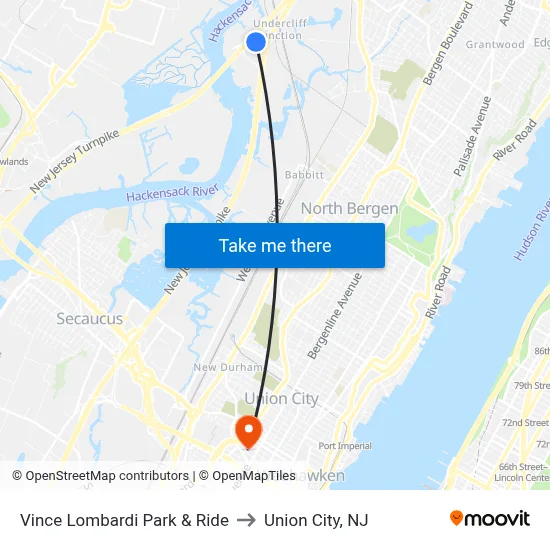 Vince Lombardi Park & Ride to Union City, NJ map