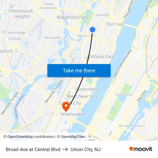 Broad Ave at Central Blvd to Union City, NJ map