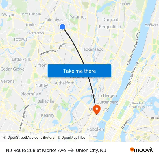 NJ Route 208 at Morlot Ave to Union City, NJ map