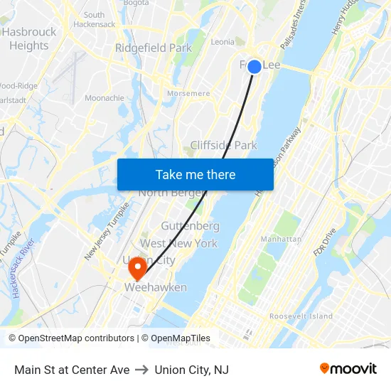Main St at Center Ave to Union City, NJ map