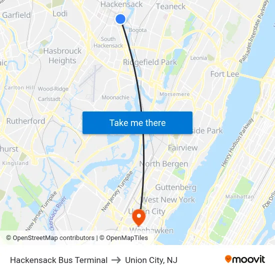 Hackensack Bus Terminal to Union City, NJ map