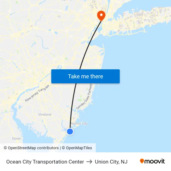Ocean City Transportation Center to Union City, NJ map