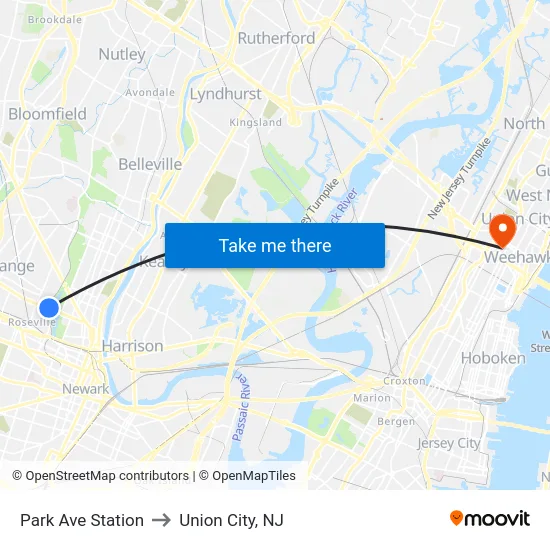 Park Ave Station to Union City, NJ map