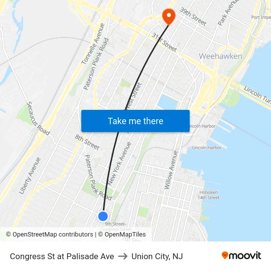 Congress St at Palisade Ave to Union City, NJ map