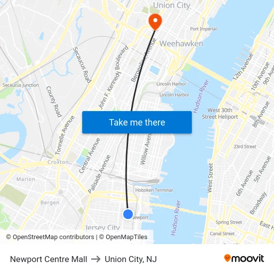 Newport Centre Mall to Union City, NJ map