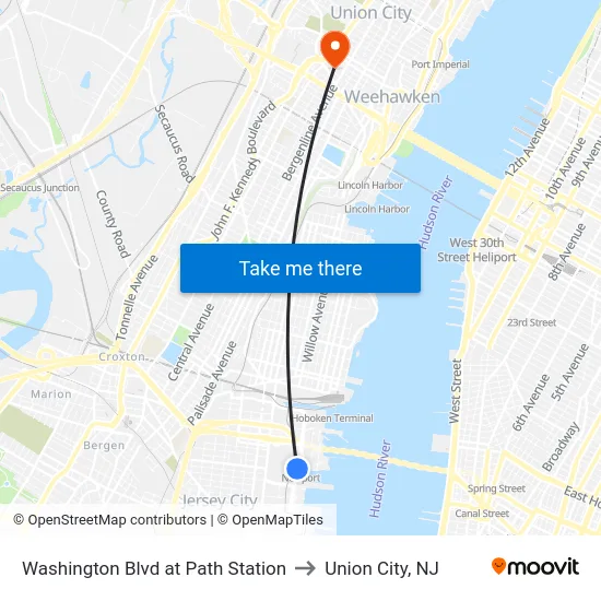 Washington Blvd at Path Station to Union City, NJ map