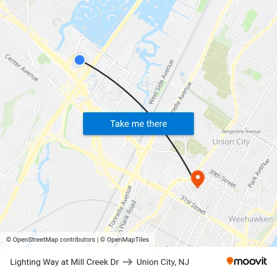 Lighting Way at Mill Creek Dr to Union City, NJ map