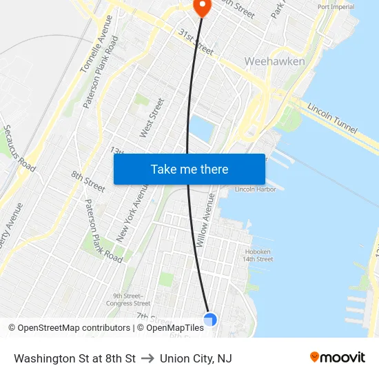 Washington St at 8th St to Union City, NJ map