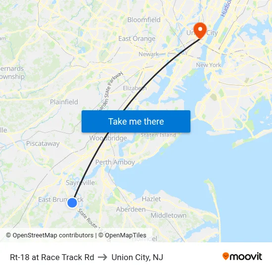 Rt-18 at Race Track Rd to Union City, NJ map