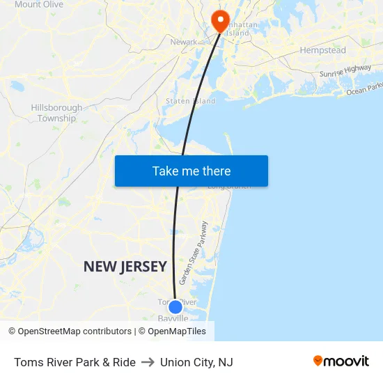 Toms River Park & Ride to Union City, NJ map