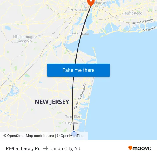 Rt-9 at Lacey Rd to Union City, NJ map