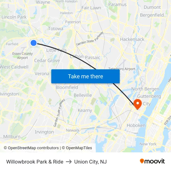 Willowbrook Park & Ride to Union City, NJ map