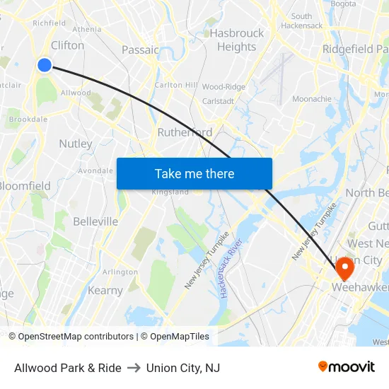 Allwood Park & Ride to Union City, NJ map