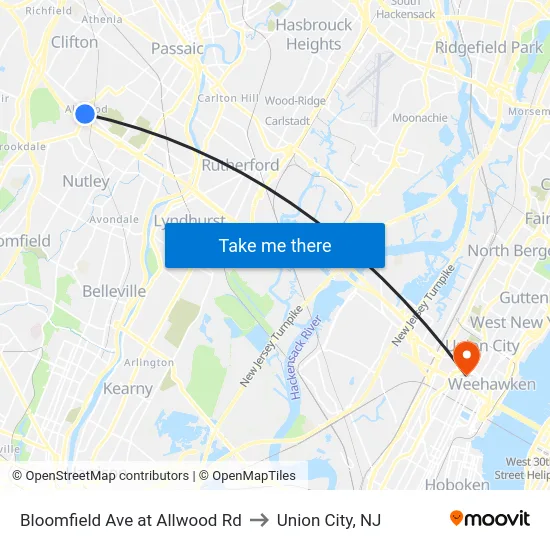 Bloomfield Ave at Allwood Rd to Union City, NJ map